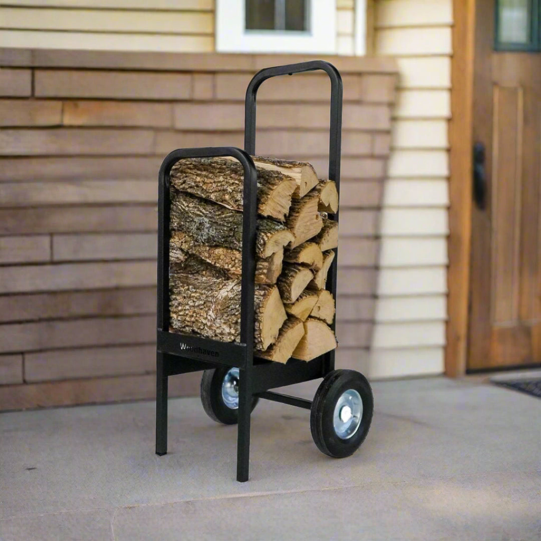 Woodhaven Firewood Cart with solid rubber wheels and steel frame