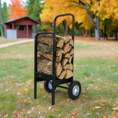 Woodhaven Firewood Cart with solid rubber wheels and steel frame