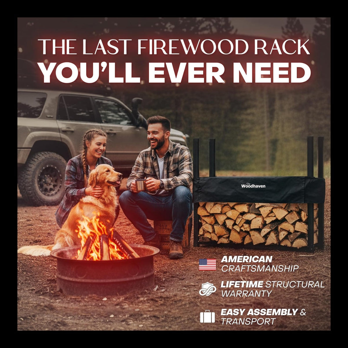 Woodhaven 4 ft Firewood Rack holding stacked firewood outdoors