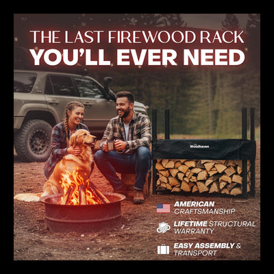 Woodhaven 4 ft Firewood Rack holding stacked firewood outdoors