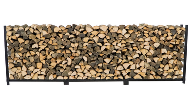 Woodhaven 12 ft Firewood Rack holding stacked firewood outdoors