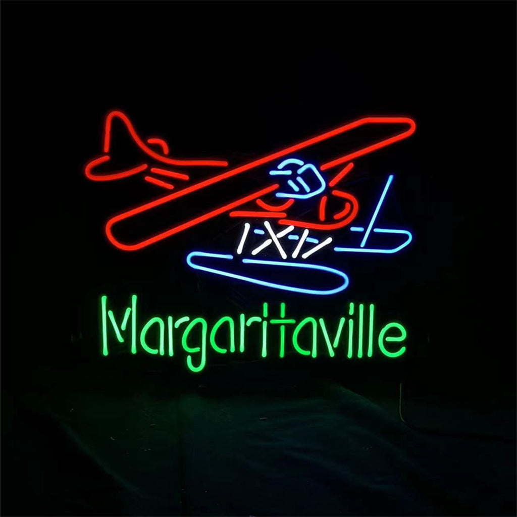 Neon sign of a red Wright airplane with blue floats and green text reading 'Margaritaville' below on black background.