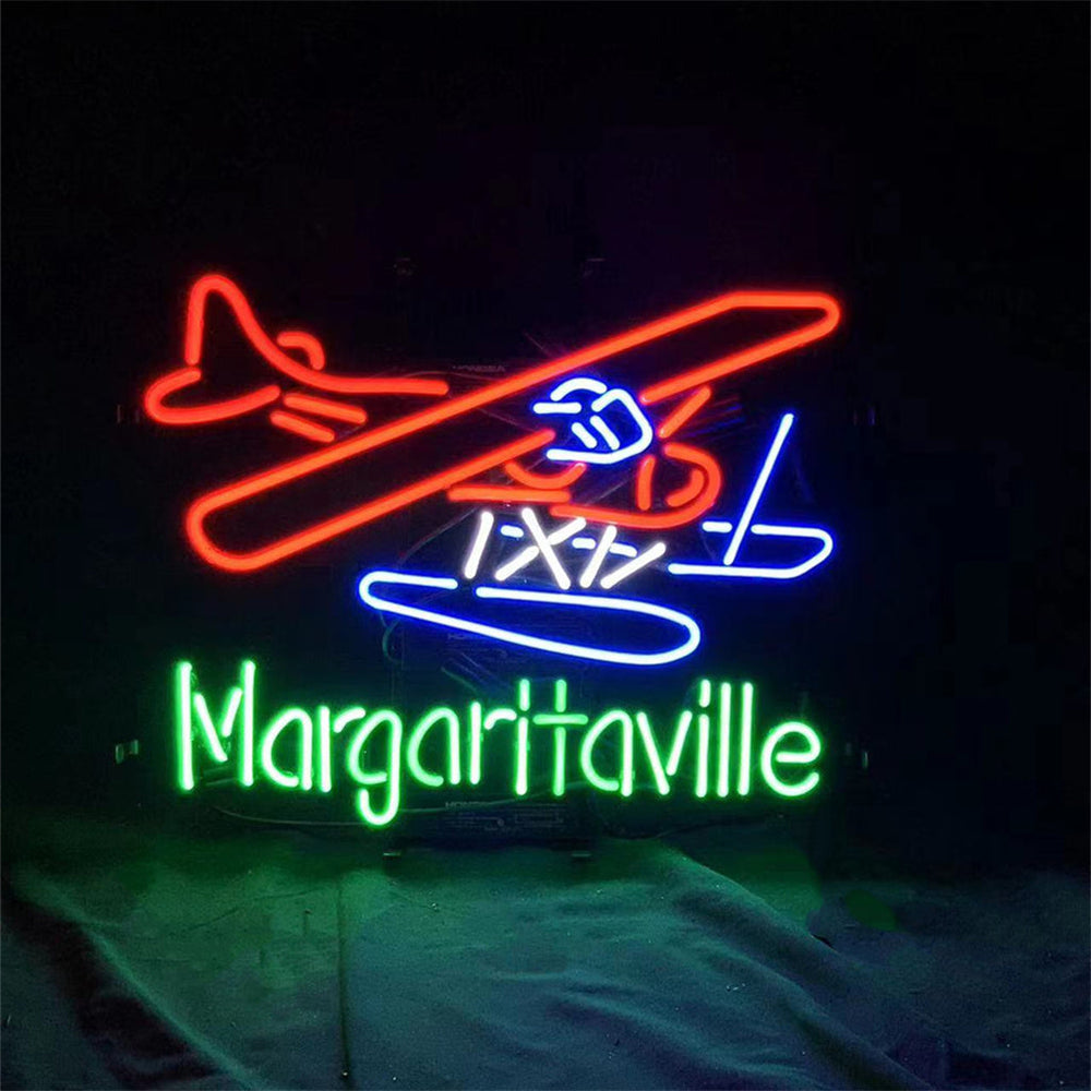Wright Airplane Margaritaville Neon Sign illuminated on wall