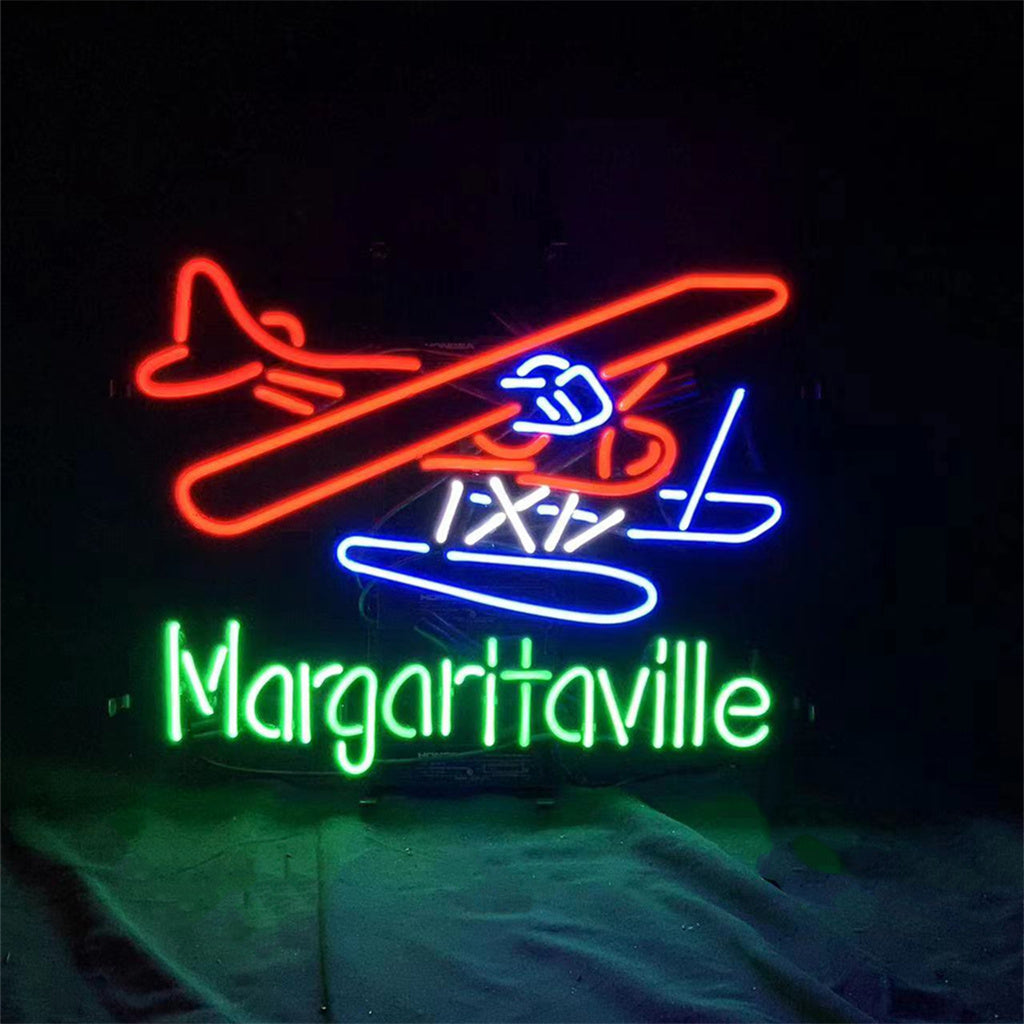 Wright Airplane Margaritaville Neon Sign illuminated on wall