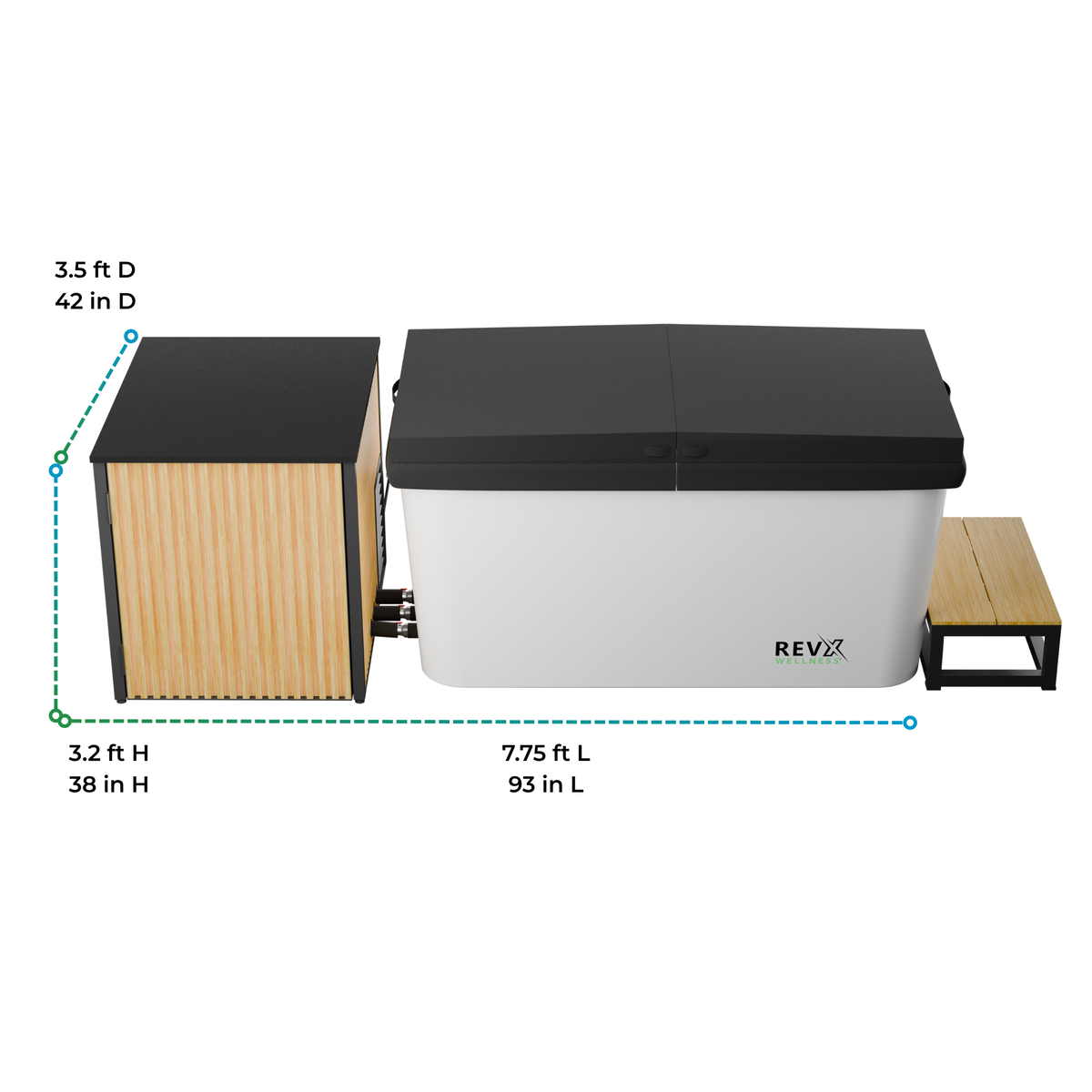 White acrylic cold plunge tub with black cover and attached wooden enclosure housing a chiller system, accompanied by a small wooden step with black frame.