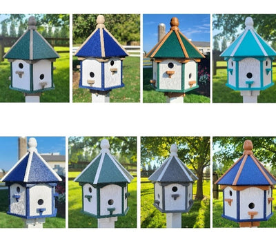 Extra large Amish-made poly birdhouse with six nesting compartments in navy blue with cedar trim