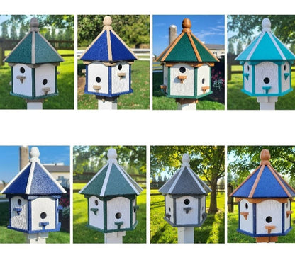 Extra large Amish-made poly birdhouse with six nesting compartments in navy blue with cedar trim