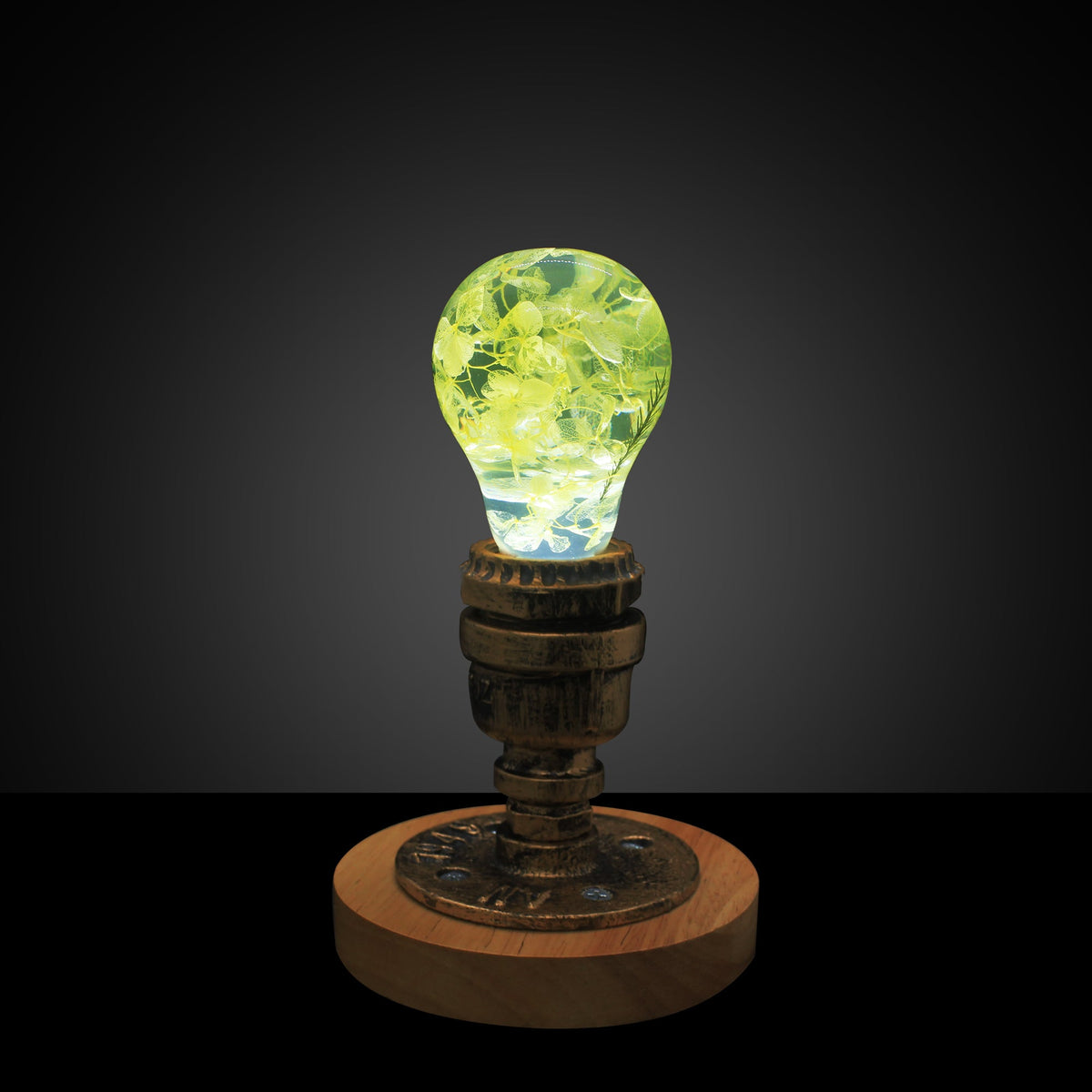 Hydrangea Flower Resin LED Light Bulb with wooden base showing yellow flower design