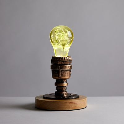 Hydrangea Flower Resin LED Light Bulb with wooden base showing yellow flower design