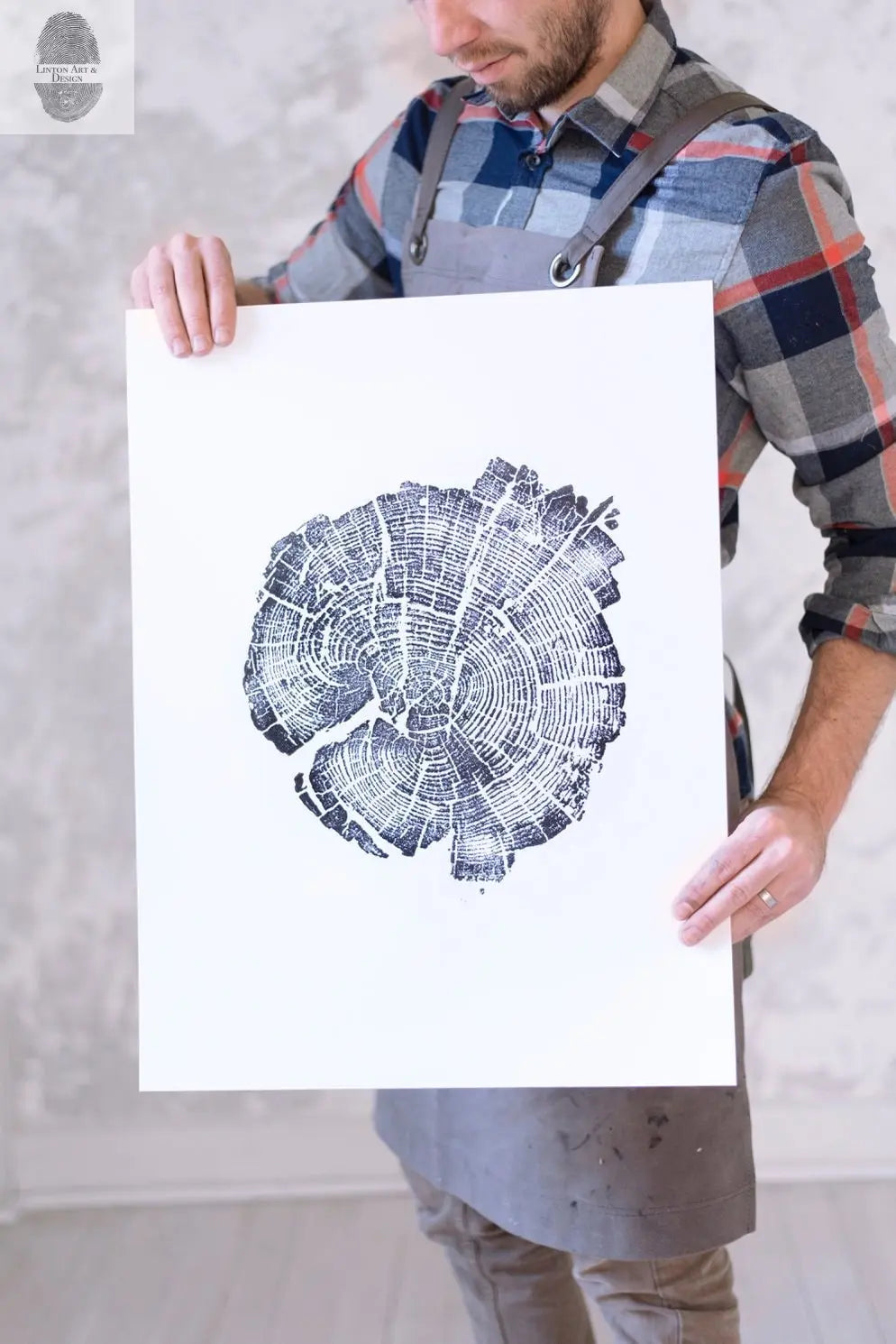 Yellowstone Pine 18x24 handmade woodcut print featuring cracked pine tree rings from 1988 Yellowstone fire, by LintonArt