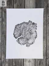 Black and white print of a tree cross-section showing detailed growth rings and cracks on white paper, displayed on dark wooden floorboards.