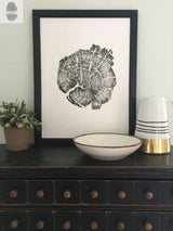 Black and white framed print of a tree ring cross-section showing detailed growth rings, displayed on a dark wooden cabinet with small drawers alongside ceramic decor and a plant.