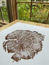 Hand-pressed woodblock print of a Yellowstone tree ring in brown ink on white 11x14 paper, placed on a wooden table near a window with green foliage outside.