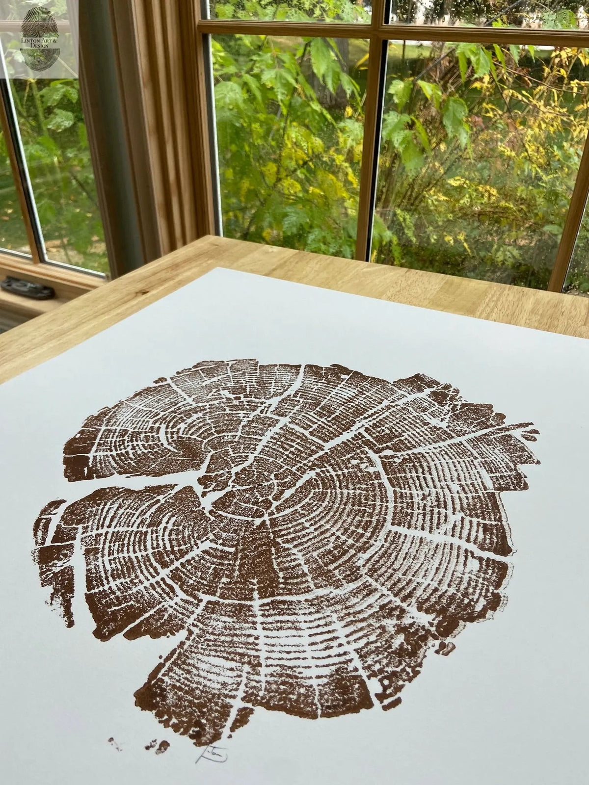 Hand-pressed woodblock print of a Yellowstone tree ring in brown ink on white 11x14 paper, placed on a wooden table near a window with green foliage outside.