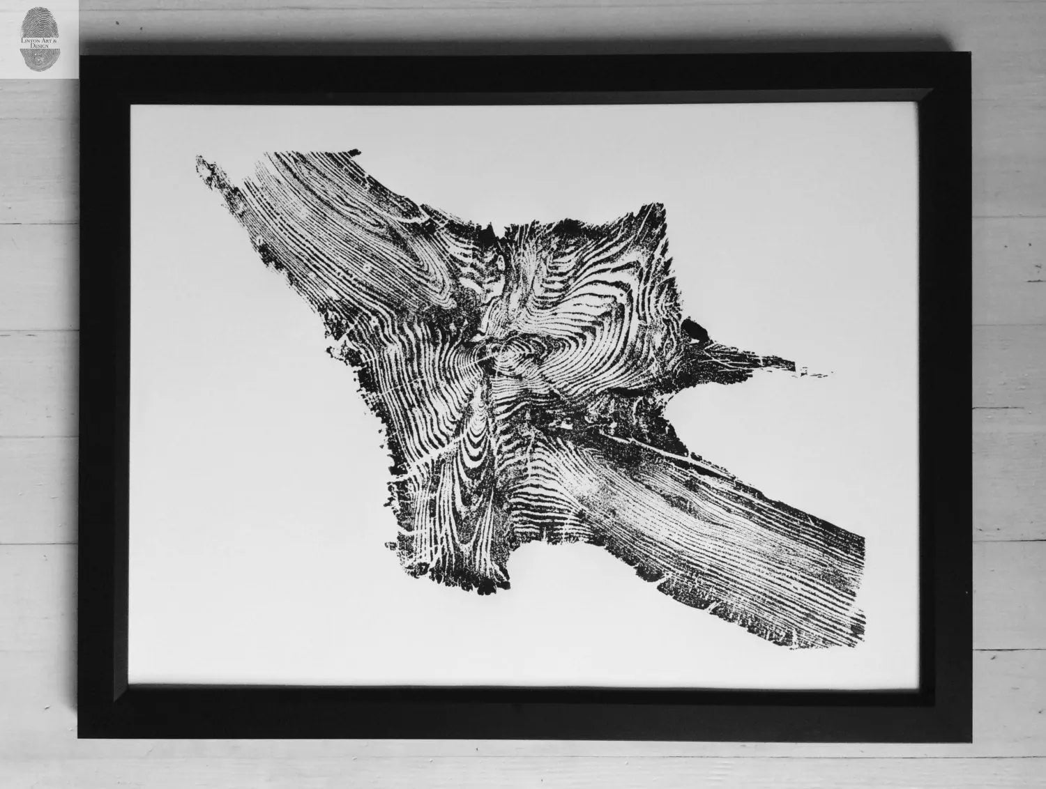 Yellowstone woodcut print showing detailed pine tree root patterns with live edge and wood burning art