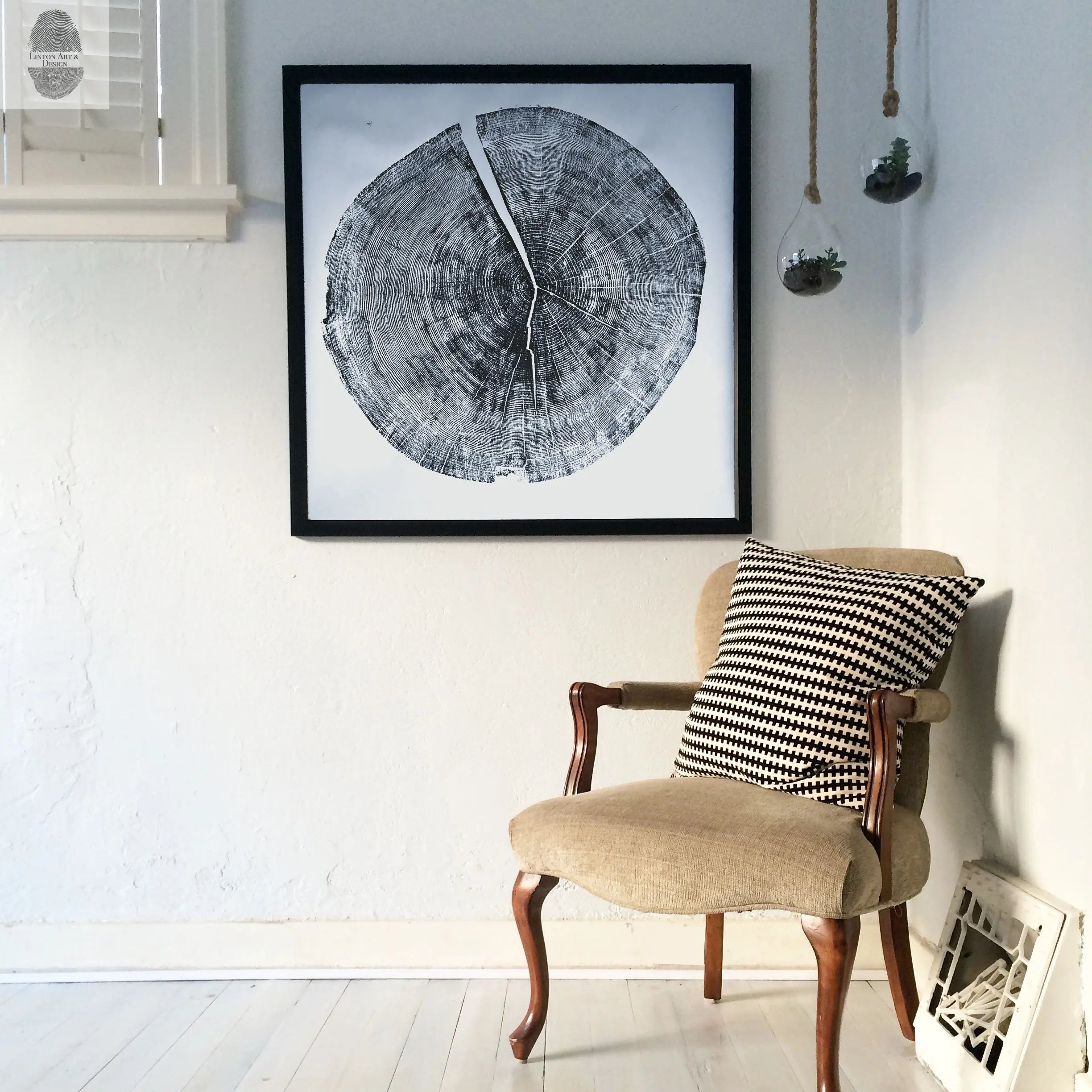 Detailed woodcut print of Yosemite pine tree rings in shades of natural wood tones on square 36x36 paper