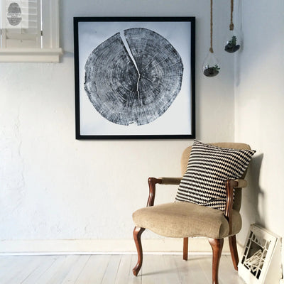 Detailed woodcut print of Yosemite pine tree rings in shades of natural wood tones on square 36x36 paper