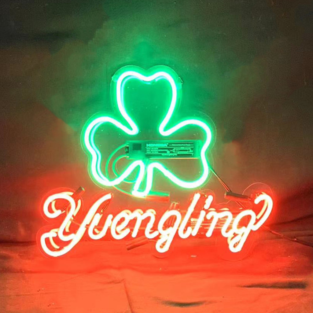 Yuengling Lager Clover Neon Light Sign glowing on wall with clover and Lager text