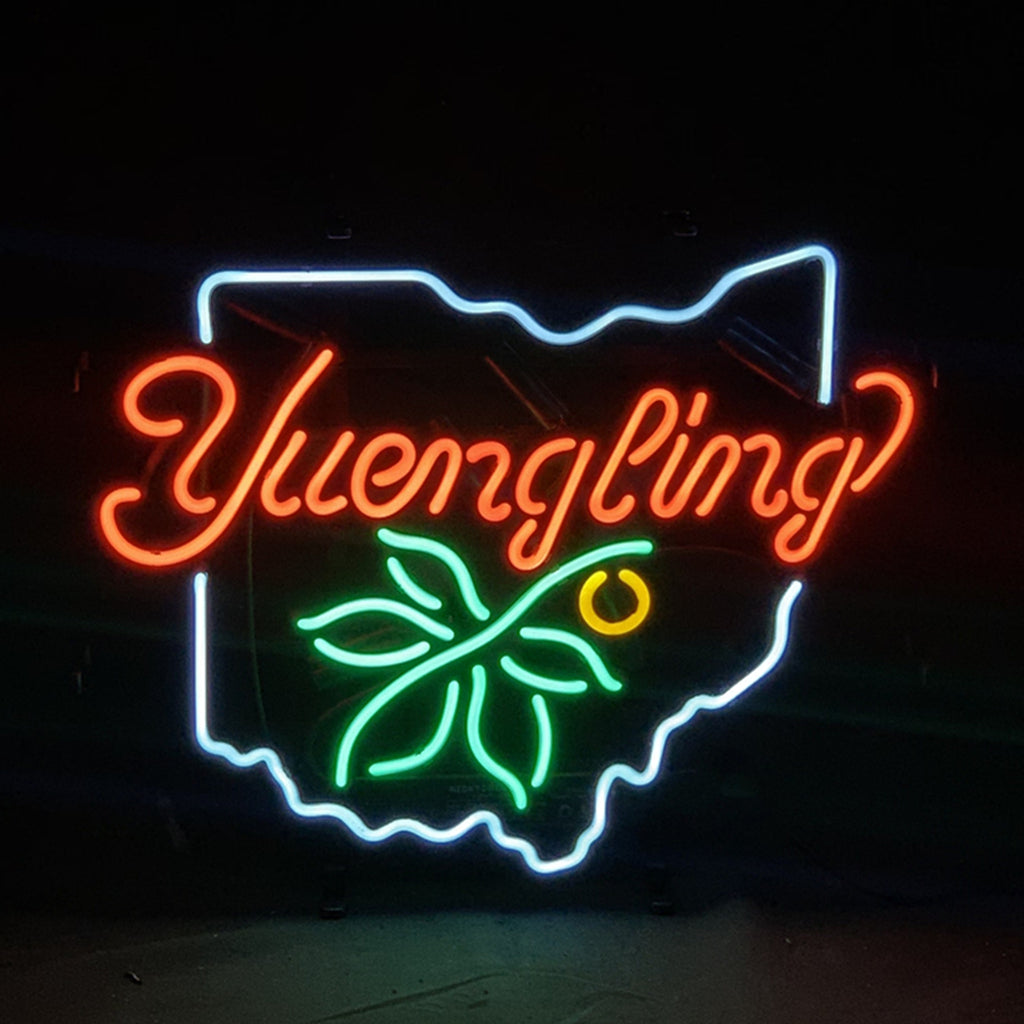 Yuengling Lager with Ohio Map Neon Sign Light hanging on a wall, displaying bright neon illumination.