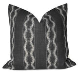 Zanzibar Pillow Cover in Charcoal showing front printed fabric and ivory linen back