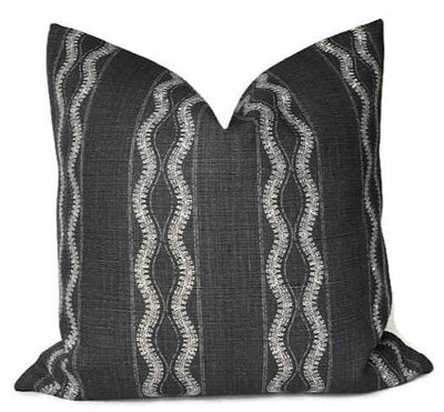 Zanzibar Pillow Cover in Charcoal showing front printed fabric and ivory linen back