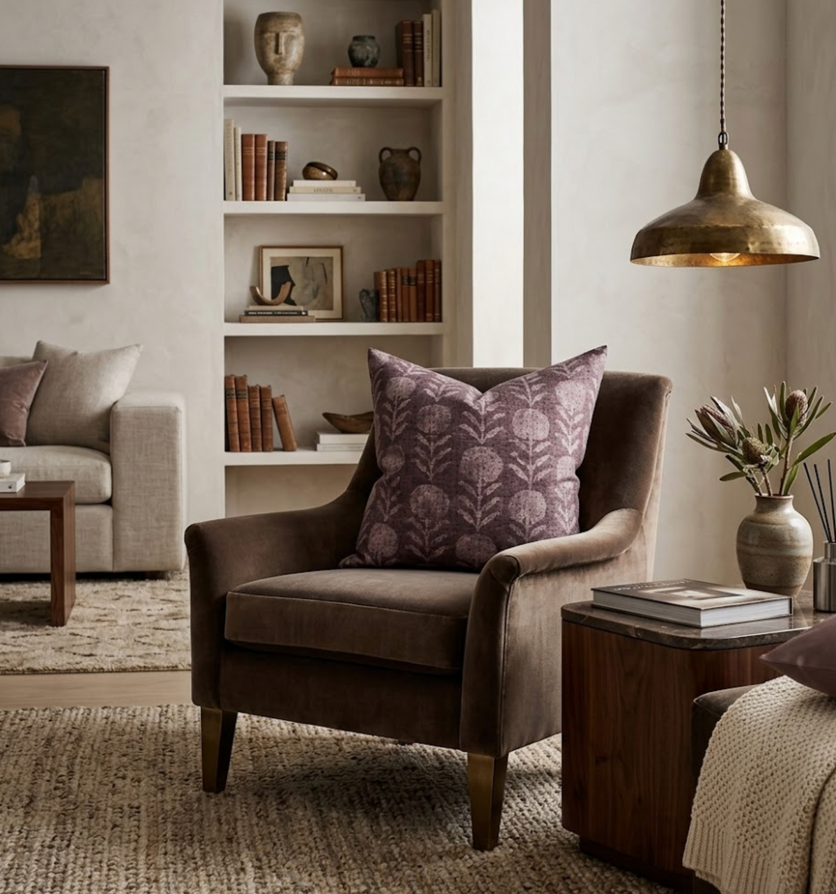 Brown velvet armchair with a plum Zinnia pillow featuring a subtle leaf pattern, set in a warm living room with neutral tones and brass pendant light.
