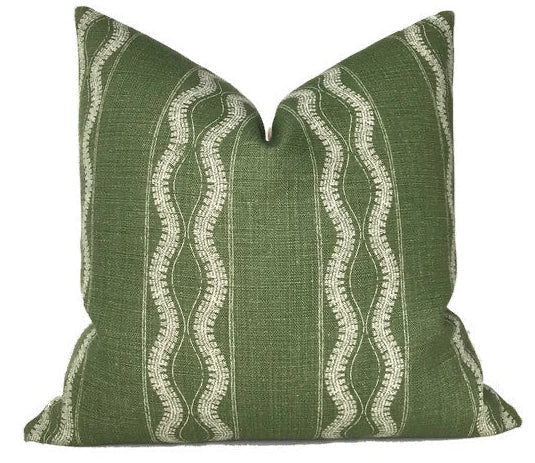 Zanzibar Pillow Cover in Green with printed fabric front and ivory linen back