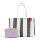Black and white woven tote bag with vertical stripes and double handles, paired with a small lavender zippered pouch featuring a green logo patch.