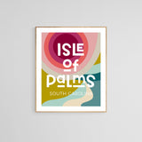 Abstract modern art print with bold concentric circles in red and pink above curving shapes in mustard, teal, and cream featuring the text 'Isle of Palms South Carolina' in stylized white letters.