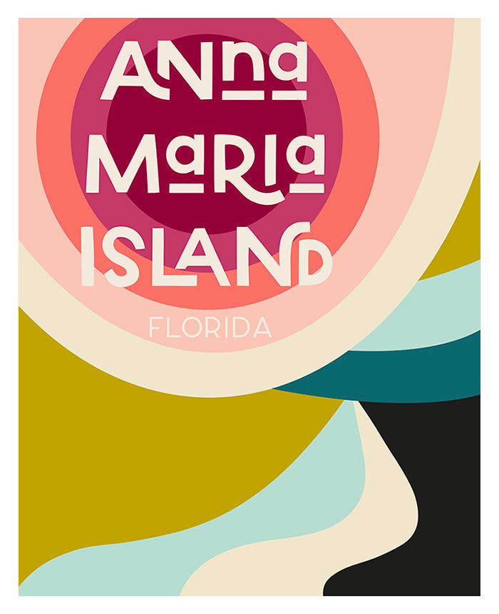 Modern abstract art print titled Destination: Anna Maria Island with blue, white, and beige color blocks