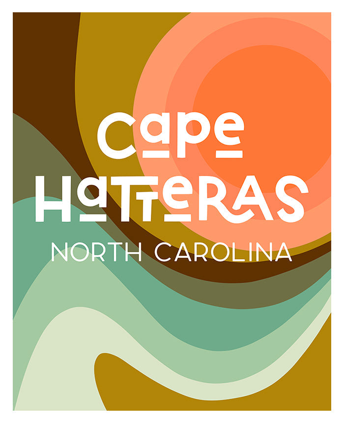 Abstract modern art print titled 'Destination: Cape Hatteras' by Alicia Bock showing layered shapes in soothing coastal tones.