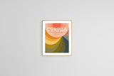 Abstract art print titled 'Corolla North Carolina' featuring layered semicircles in warm shades of red, orange, yellow, green, and blue, framed and centered on a gray wall.