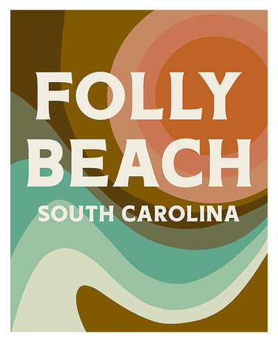 Framed modern art print featuring a retro graphic design of Folly Beach on matte fine art paper