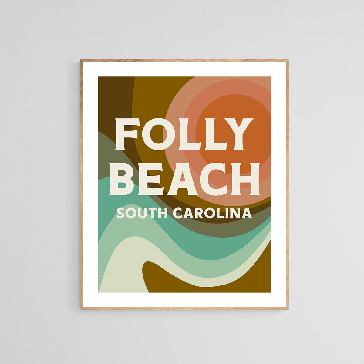 Modern art print with abstract shapes in warm browns, orange, cream, and teal, featuring bold white text 'Folly Beach South Carolina' centered.