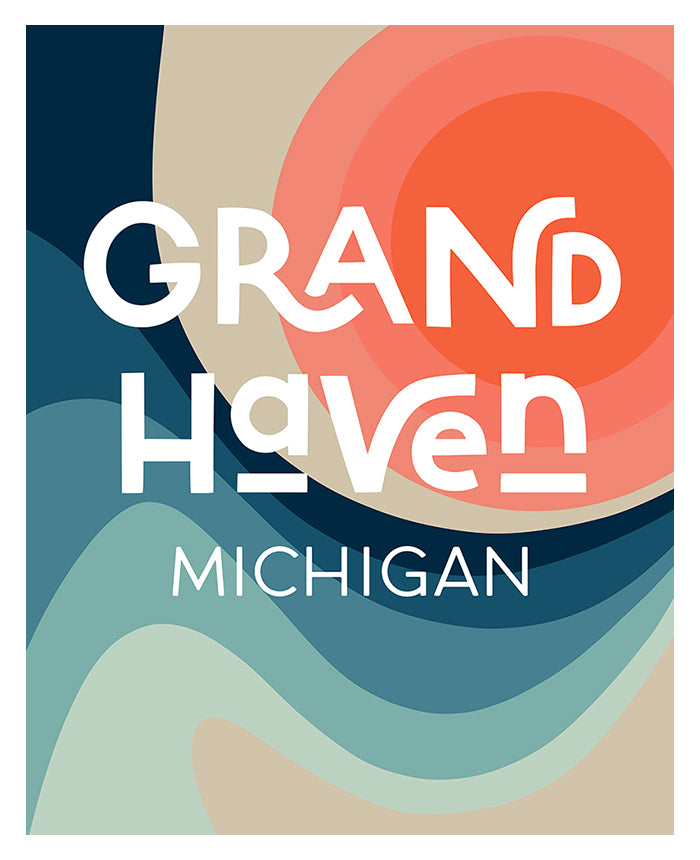 Abstract graphic print with layered waves in blue and beige tones below the text 'Grand Haven' in stylized white letters and 'Michigan' in clean white font.