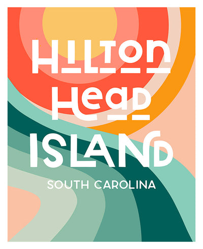 Framed modern typography art print reading 'Destination: Hilton Head Island, South Carolina' hanging in a light-filled room