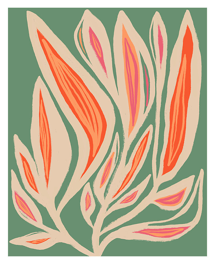 Abstract floral art print in sage tones displayed framed on a wall
