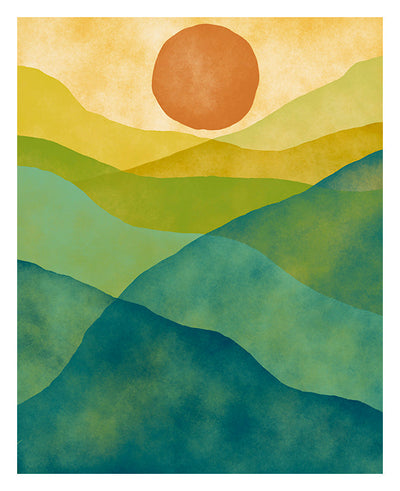 Abstract watercolor mountain art print in soft colors by Alicia Bock, shown framed and hanging in room.