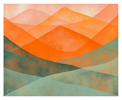 Abstract watercolor mountain art print in cool green and blue tones, unframed.