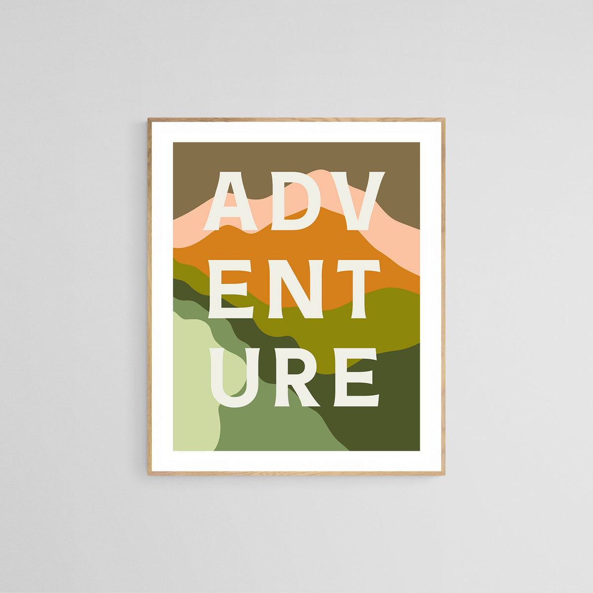 Abstract layered landscape in shades of green, peach, and brown with the word 'ADVENTURE' in bold white capital letters overlaid vertically in three columns.