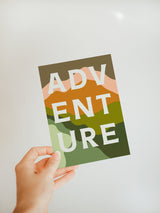Adventure - Blank Note Card showing a nature-inspired print with a red sun and abstract green and beige shapes