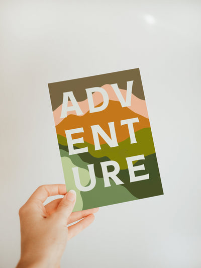 Adventure - Blank Note Card showing a nature-inspired print with a red sun and abstract green and beige shapes