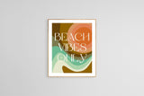 Modern art print with abstract waves and circular shapes in earth tones and seafoam green, featuring white text reading 'BEACH VIBES ONLY' in a minimalist font.
