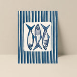 Blue sardine illustration on note card with vertical blue stripe