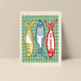 Blue Sardine note card showing an original sardine illustration by Alicia Bock
