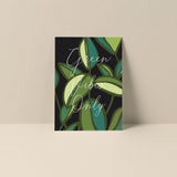 Green Vibes Only blank notecard featuring green typography and artwork by Alicia Bock