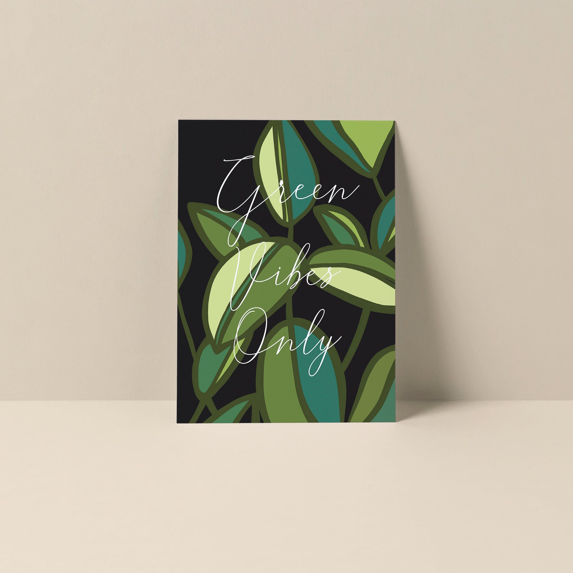 Green Vibes Only blank notecard featuring green typography and artwork by Alicia Bock