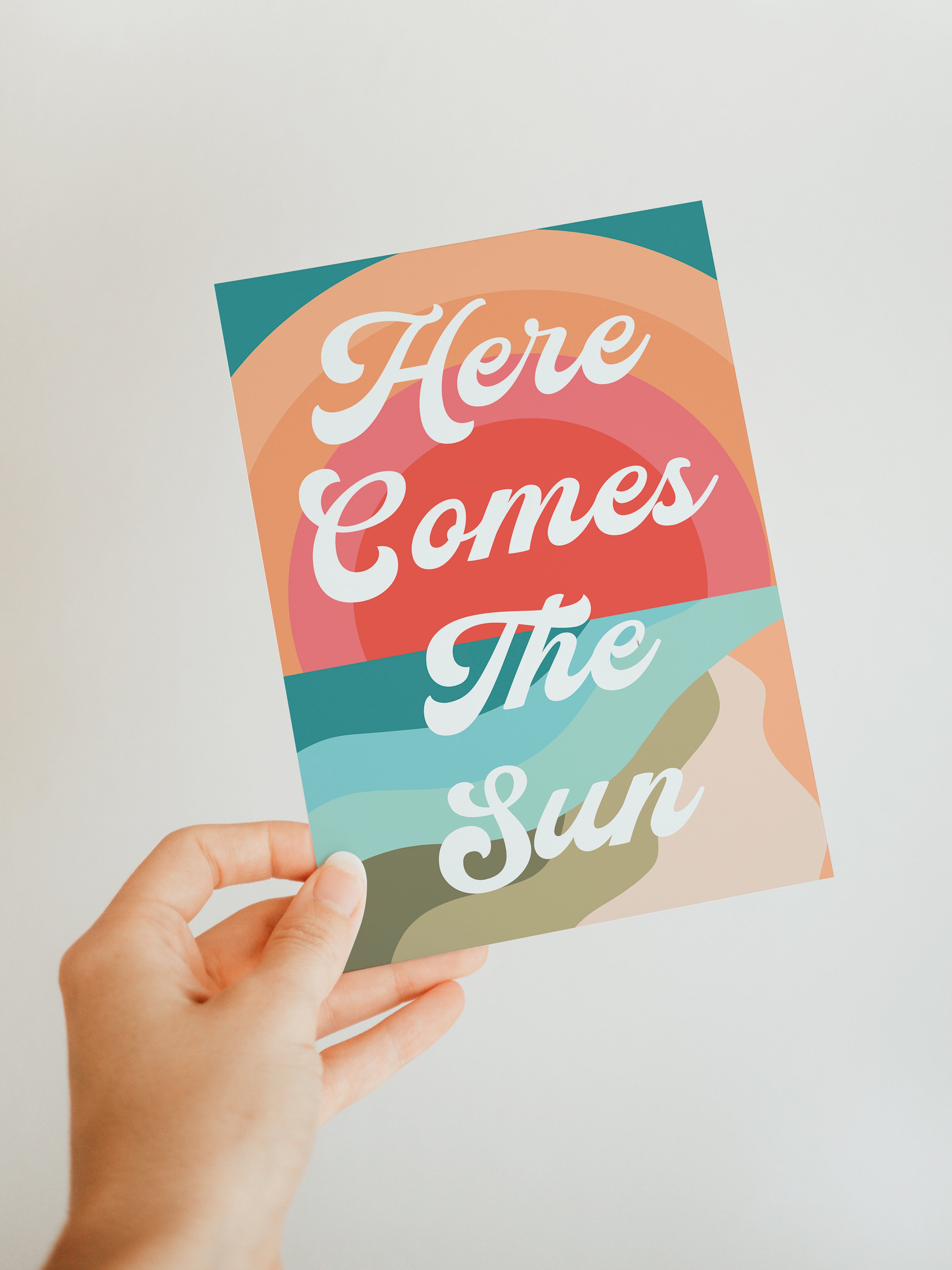 Here Comes The Sun blank notecard featuring sun-themed print on smooth matte card stock