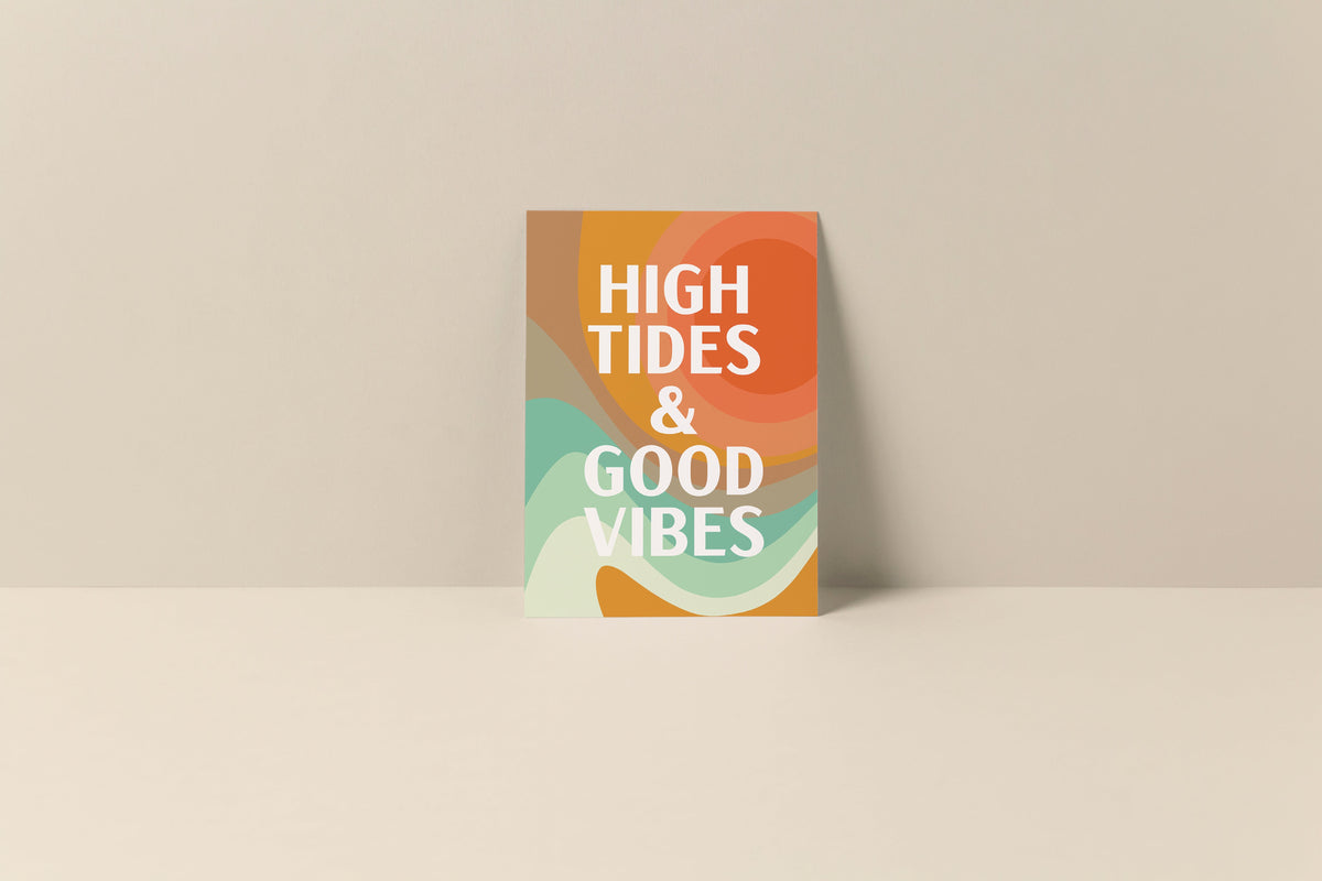 Blank note card featuring the white text 'HIGH TIDES & GOOD VIBES' over abstract orange, teal, and beige wave shapes on a neutral background.