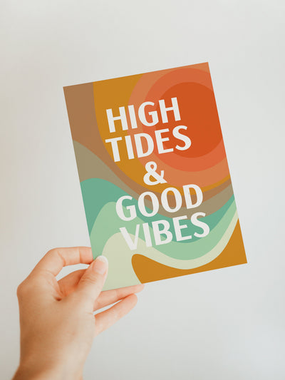 High Tides And Good Vibes blank note card by Alicia Bock Print Shop, shown with matching envelope on a neutral surface.